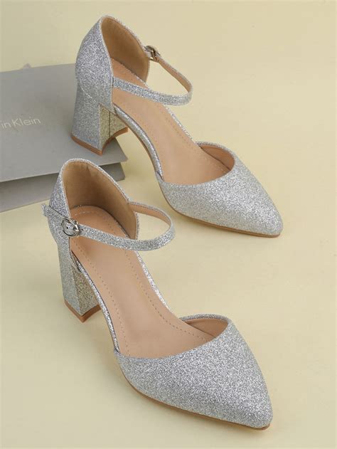 Glitter Point Toe Ankle Strap Court Pumps | Prom shoes silver, Silver ...