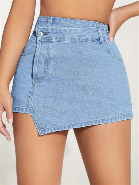 High Waist Asymmetrical Hem Denim Skort | Roupas, Pano, Saias curtas