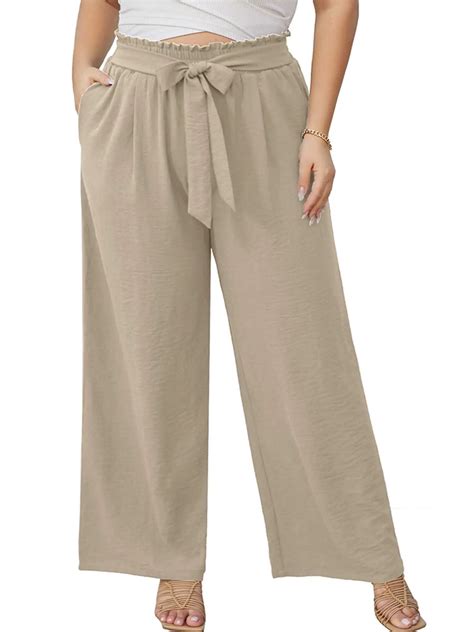 SHOWMALL Plus Size Women's Wide Leg Pants with Pockets Wheat 2X ...