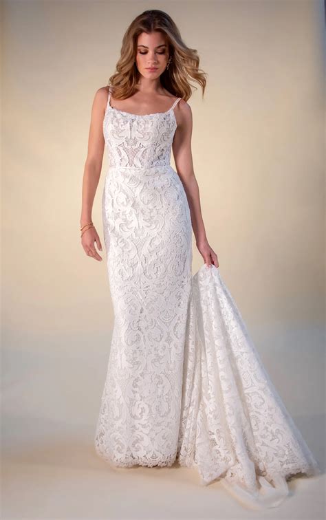 Boho Lace Column Wedding Dress with Open V-Back | Addy Gown