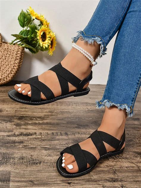 Women's Flat Sandals Fashionable Criss-Cross Elastic Strap Solid Color ...