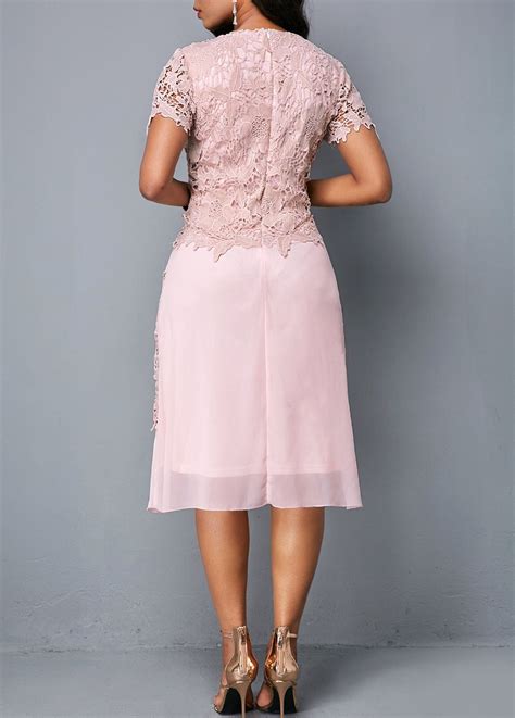 Short Sleeve Round Neck Zipper Back Lace Dress | modlily.com - USD $37. ...