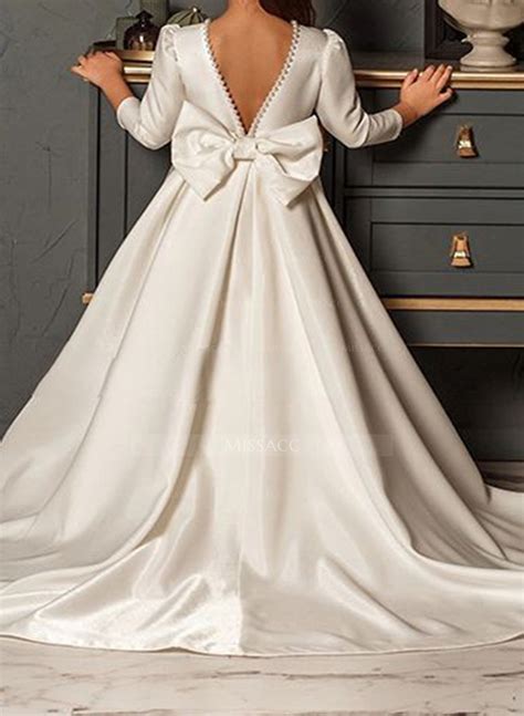 A-Line Scoop Neck 3/4 Sleeves Sweep Train Satin Flower Girl Dresses With Bow(s) - Missacc