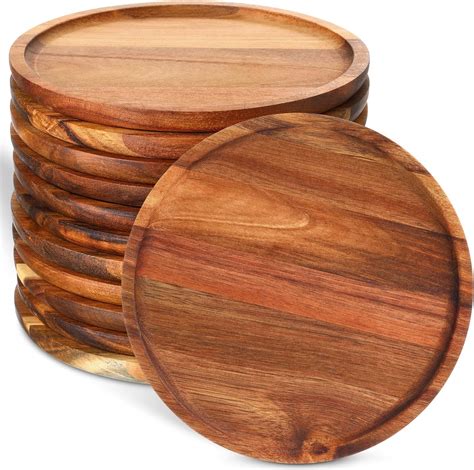 Amazon.com | Rtteri 12 Pcs Acacia Round Dinner Plates Wood Tray Round ...