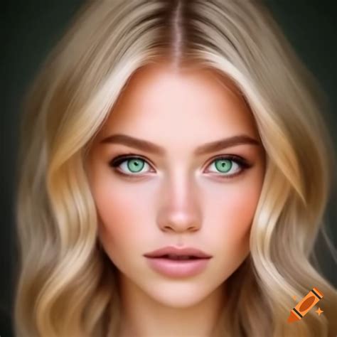 Woman with long blonde hair and captivating dark green eyes on Craiyon