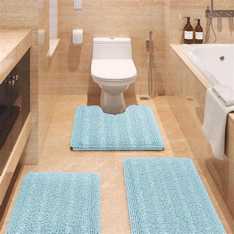 Amazon.com: Striped Spa Blue Bathroom Rug Set 3 Pieces Ultra Soft, Non ...