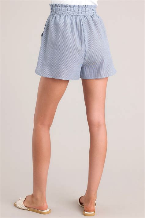 Dusty Blue Cotton Blend Stripe Shorts - All Shorts | Red Dress
