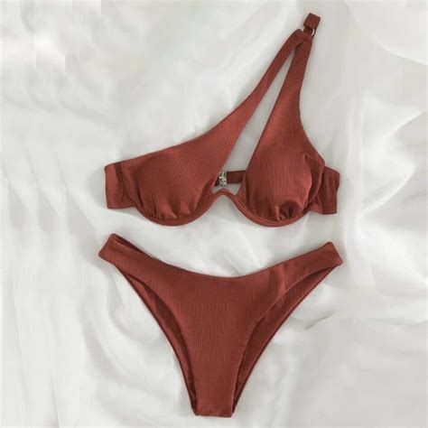 OWMEOT One-Shoulder Bikini Sets for Women Sexy Low Cut Bathing Suits ...