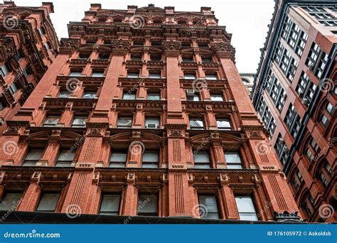 Facade of a Typical Ancient Red Brick Building in Manhattan, New York ...