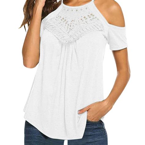 Sentmoon Womens Off Shoulder Tees Crew Neck Short Sleeve Lace Tops ...