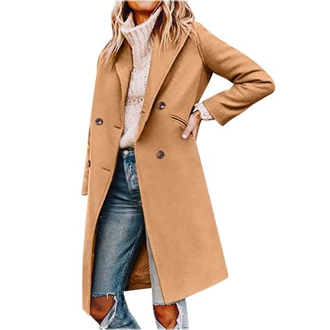 Clearance Fall Winter Pea Coat Women's Basic Essential Double Breasted ...