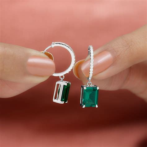 Certified Created Emerald Hoop Drop Earrings | Emerald green earrings ...