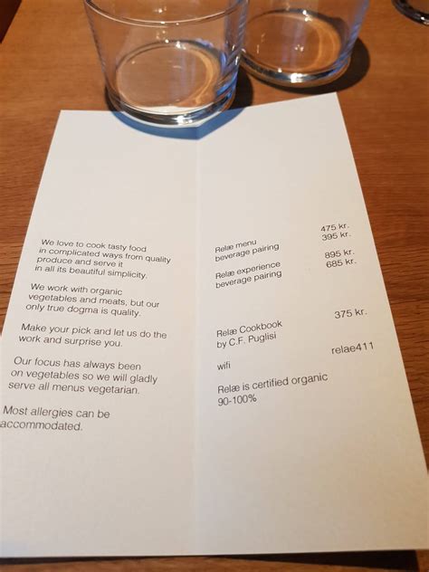 Menu at Relae restaurant, Copenhagen, Jægersborggade 41
