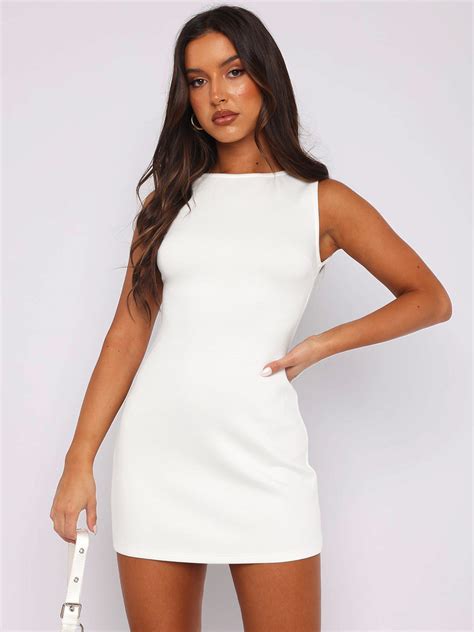 Elegant High Boat Neck Sleeveless Bodycon Mini Dress - White - Fiel Shop
