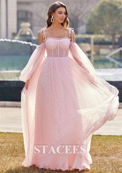 A-line Square Neckline Full/Long Sleeve Floor-Length Tulle Prom Dress ...