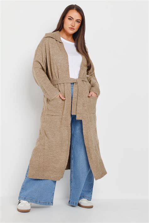 YOURS Plus Size Natural Brown Collared Tie Waist Coatigan | Yours Clothing