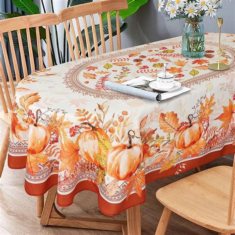 Fall Thanksgiving Tablecloth Oval, Pumpkin Maple Leaf Table Cloth 60 x ...