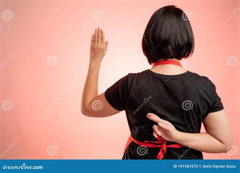 Woman Employed At Supermarket With Red Apron And Black T-shirt Showing ...