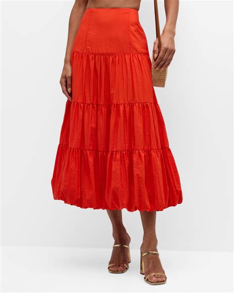 Cinq a Sept Pyper Tiered Bubble-Hem Midi Skirt | Neiman Marcus