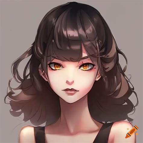 Art of a tan-skinned anime girl with dark brown eyes and black wavy ...