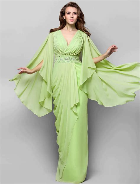 Elegant Dress Wedding Guest Floor Length Long Sleeve V Neck Chiffon V ...