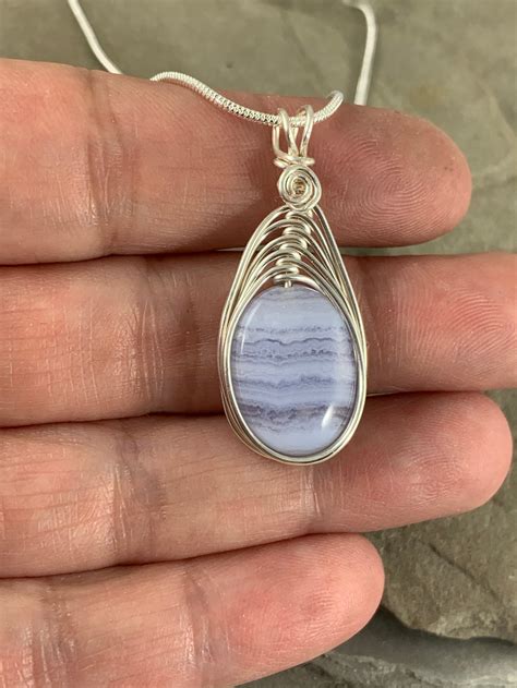 Natural Blue Lace Agate Necklace for Women Wire Wrapped Blue | Etsy