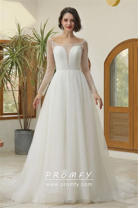 Luxury BeadingLong Sleeves Glitter Tulle Wedding Gown - Promfy