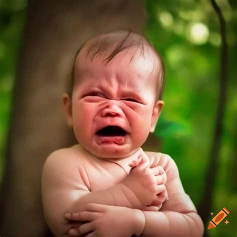 Baby crying under a tree on Craiyon