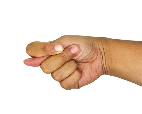 Thumb of left hand between index and middle finger - human hand gesture ...