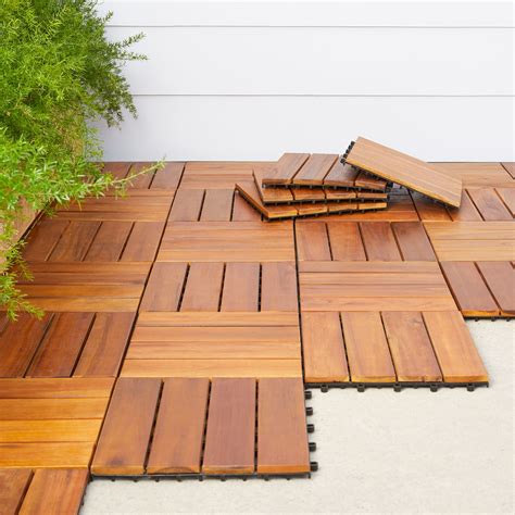 4 Slat Acacia Interlocking Deck Tile Teak Finish - Set of 10 Tiles ...