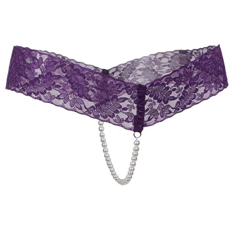 Sexy Women Crotchless Panties Sheer Lace Thong Underwear Pearls Strings ...