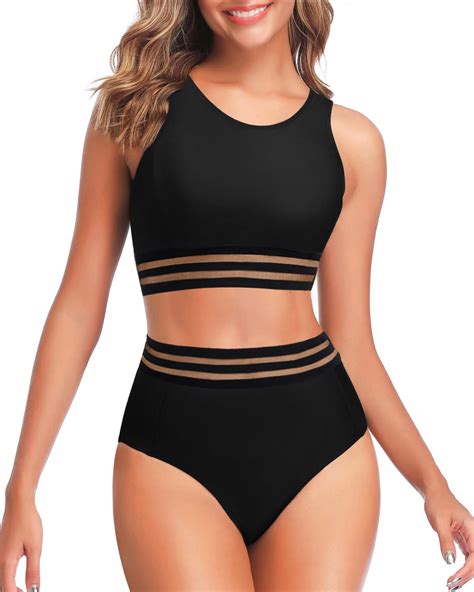 Tempt Me Women Two Piece Black High Waisted Bikini Set Mesh Swimsuits ...