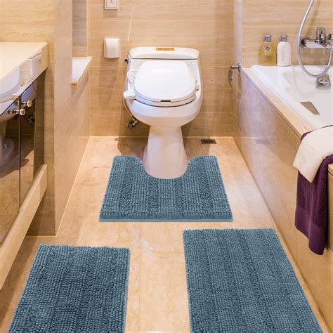 Striped Haze Blue Bathroom Rug Set 3 Pieces Ultra Soft, Non Slip ...