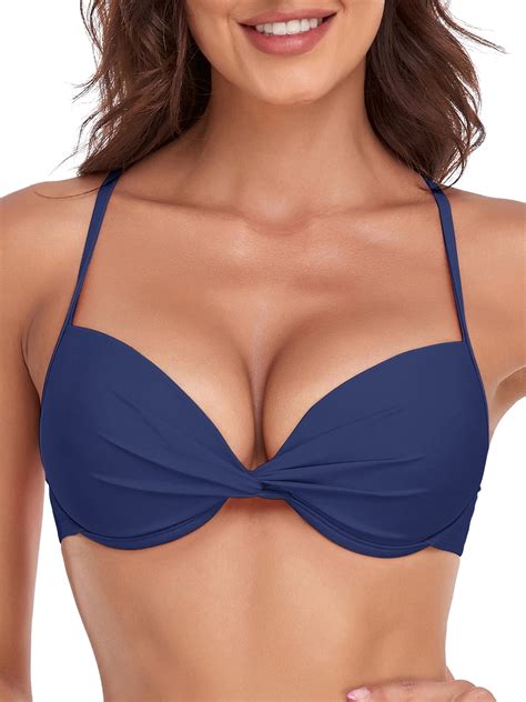 RELLECIGA Women's Navy Blue Push Up Bikini Top Twist Front Underwire ...