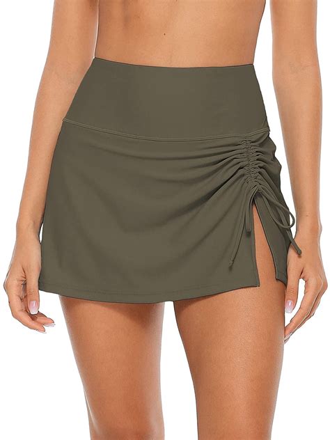 Womens High Waisted Split Swim Skirt Sporty Drawstring Skirted Swim ...