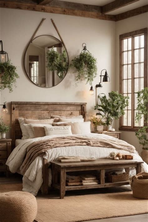 Rustic Bedroom Decor with Mirror and Plants