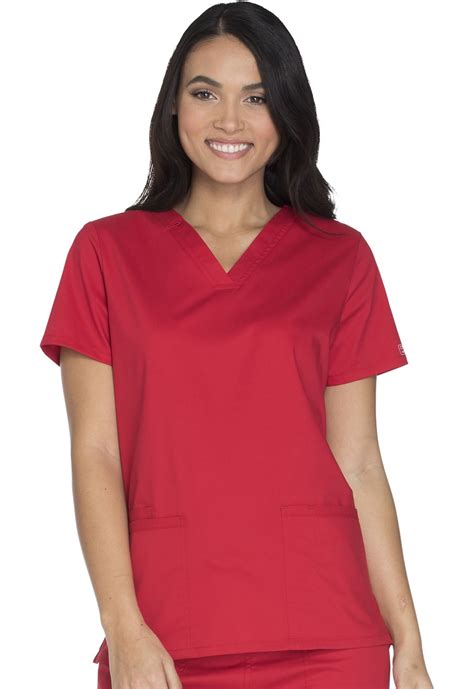 Workwear Core Stretch Women Medical Scrubs Top V-Neck WW630, S, Red ...