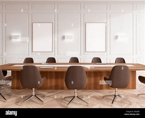 Interior of modern meeting room with white walls, wooden floor, long ...