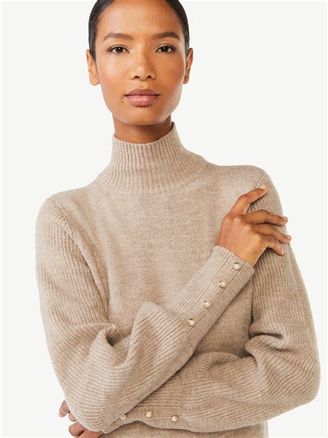 Scoop Women's Turtleneck Sweater with Faux Pearl Button Cuffs ...
