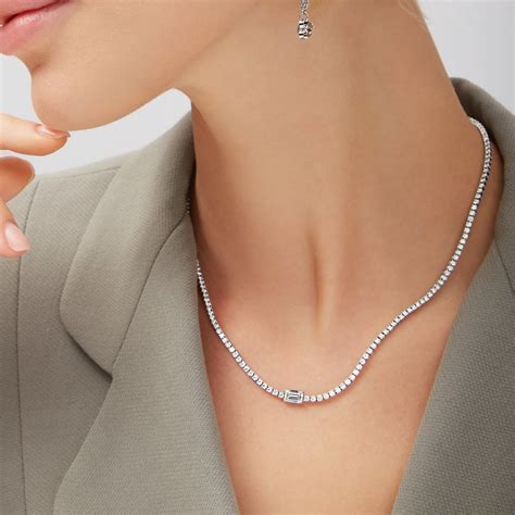 5.80ct Emerald Cut Center Stone Diamond Tennis Necklace in 18K White G