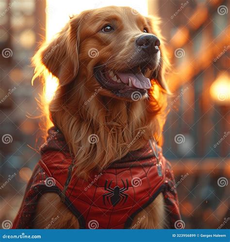 Golden Retriever Wearing Spiderman Costume at Sunset Stock Illustration ...