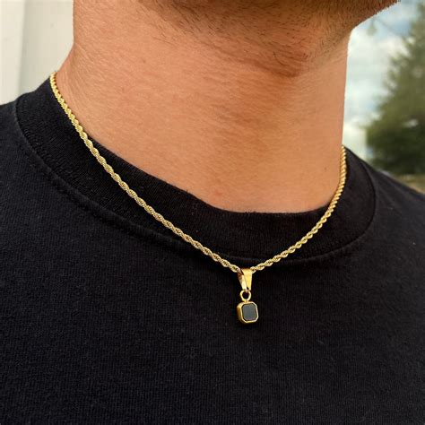 Mens Necklace, 18K Gold Pendant Men, Mini Black Onyx Pendant Necklace ...