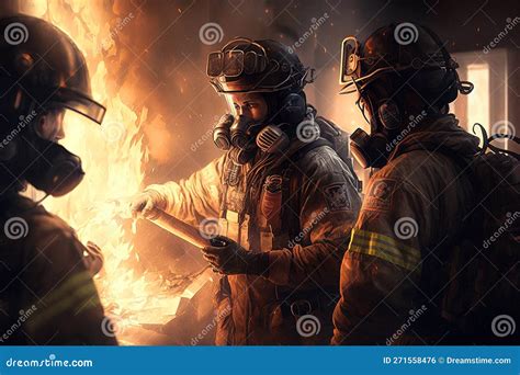 Firemen At A Building In The City At Night. Firefighters Fighting A ...