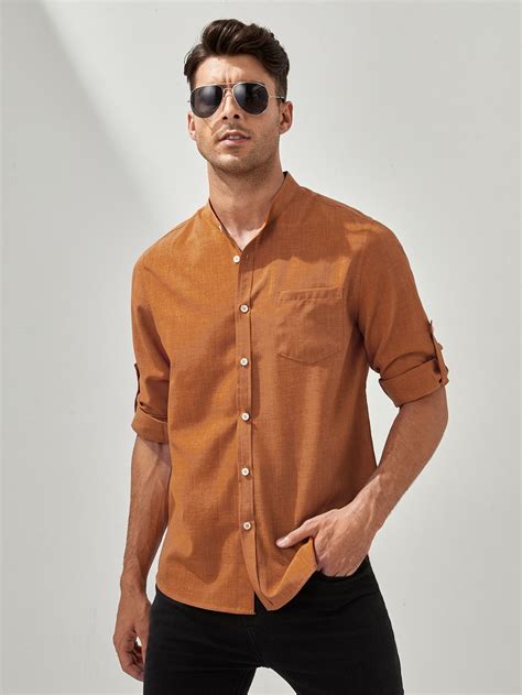 Men Roll Tab Sleeve Patched Pocket Shirt | Burnt orange dress shirt ...