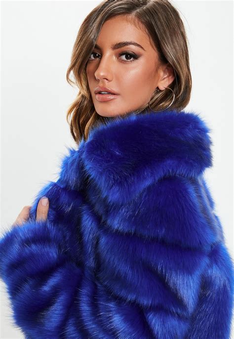 Blue Premium Cropped Faux Fur Jacket | Missguided | Blue fur coat ...