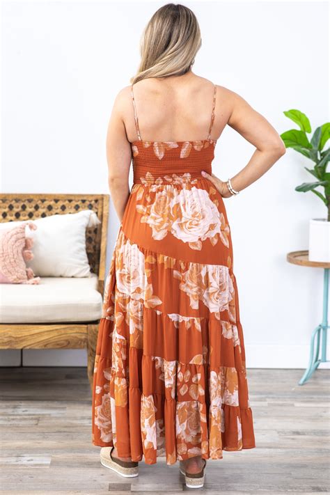 Burnt Orange Floral Spiral Tiered Maxi Dress · Filly Flair