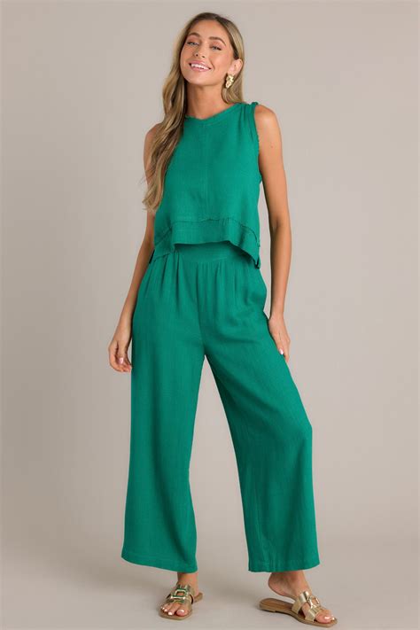 Linen Blend Green Wide Leg Pants - All Pants | Red Dress