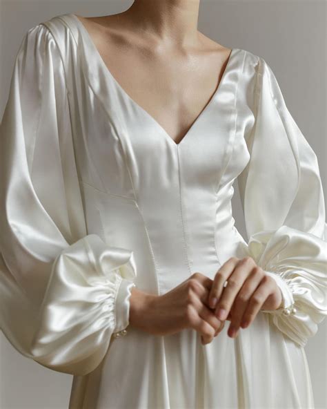 Summer Wedding Dress Long Sleeves, Satin Wedding Dress, Elopement Dress, Minimalist Wedding ...