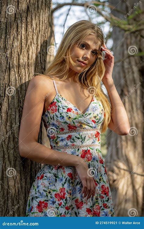 A Lovely Blonde Bikini Model Enjoys the Summer Weather on a Lake Stock ...