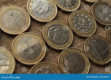 1 Euro Coins on Natural Linen Fabric. Bimetallic European Coins Obverse ...